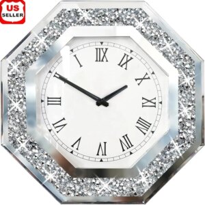 Octagon Mirror Clock Non-Ticking Wall Decor Handcrafted Diamond Accent Home Decor Silent Quartz Clock Bedroom Office Study