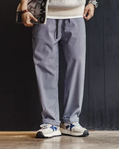 Maden Easypants Seersucker Striped Casual Pants with Elastic Waist And Drawstring Design Iron-free Straight Trousers for Men