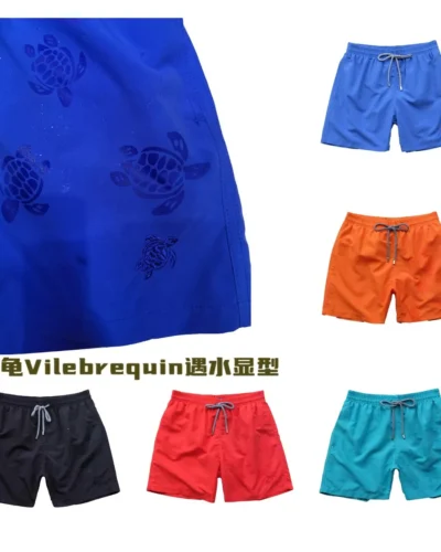 Top Quality Men's Magic Swimwear Color Change Embroidered Turtle Water Reactive Board Shorts Beach Surf Swim Mesh Trunks