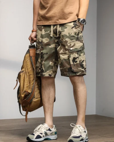 Summer Camouflage Cargo Shorts Men Stretch Cotton Drawstring Work Wear Straight Casual Shorts Male Loose Bermuda Short Pants