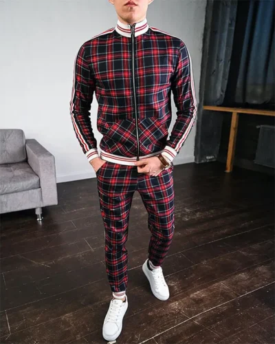 Mens Tracksuits Colorful Plaid Casual Zipper Hoodie Set 3D Print Set New Autumn Male Sweatshirt Clothes For Men