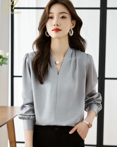 H Han Queen Korean Basic Shirts Woman Vintage Clothing Chiffon Long Sleeve Top Casual Female Work Wear Office Shirts And Blouses
