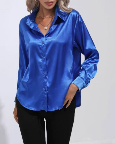 Women's Satin Shirts Solid Color Basic Casual Blouses Elegance Long Sleeve Lapel Button Up Office Top 2024 Luxury Femal Clothing