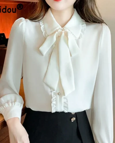 Bow Tie White Chiffon Shirt 2022 Spring Summer Korean Fashion Blouse Lace Elegant Long Sleeve Shirt for Female Casual Clothing