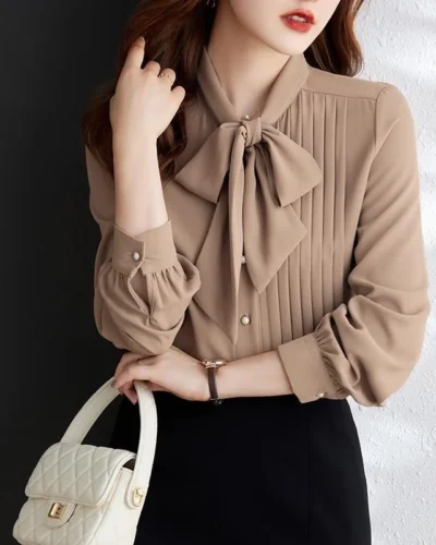 Woman Spring Autumn Style Blouses Shirts Lady Casual Long Sleeve Bow Tie Collar Solid Color Blusas Tops G2650