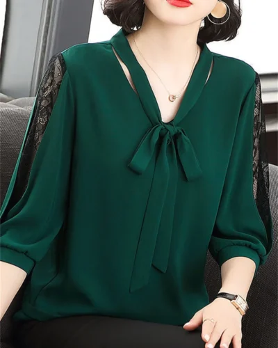 Women Spring Summer Style Blouses Tops Lady Casual Bow Tie Colloar Half Lace Sleeve Loose Blusas Tops DF4275