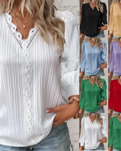 Women's Lace Stitching Shirt Loose Stitching V-neck Long Sleeve Pullover Chiffon Shirt Fall Top Simple Elegant Street Blouse