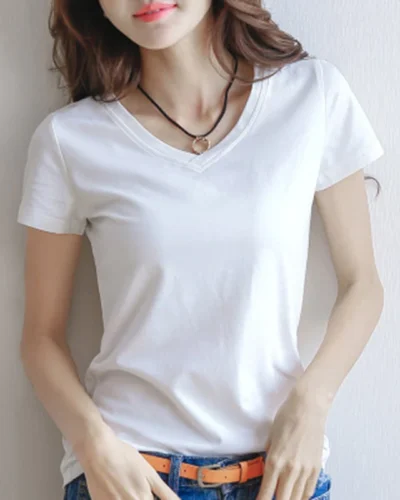Hot Sale Shirts Summer Women's Short Sleeve Round Neck Casual Blouse Shirts Solid Color Tops  Black / White