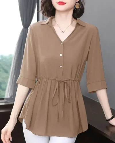 Women's V-Neck Short Sleeve Shirts, Elegant Tops, All-match, Simple, Casual, Simplicity, Office, Summer Clothes, Fashion
