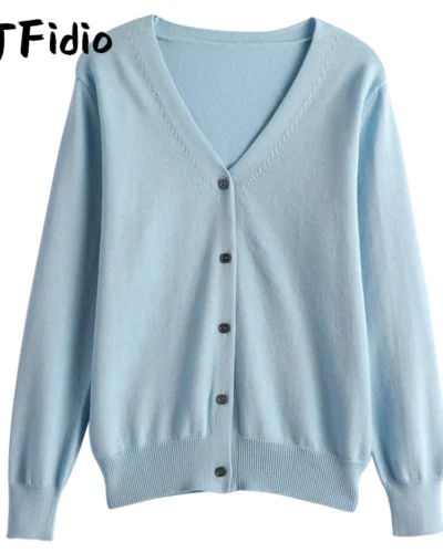 YTFidio 100% Cotton Women V-neck  Long Sleeve Knitwear Cropped Coat Cardigans Sweaters Solid Casual 202