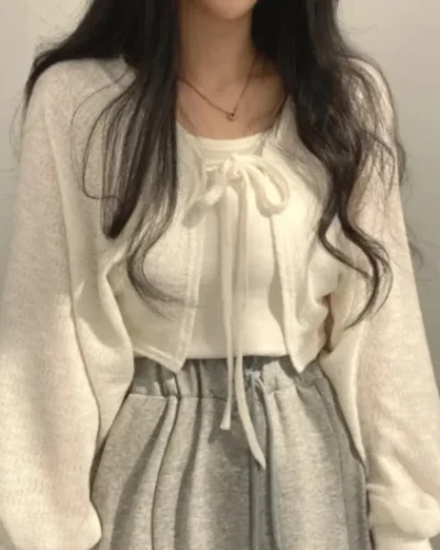 Thin White Cardigan Women Summer Sunscreen Lace-up Knitwear Tops Lady Korean Style Casual Lantern Sleeve Short Sun Protected Top