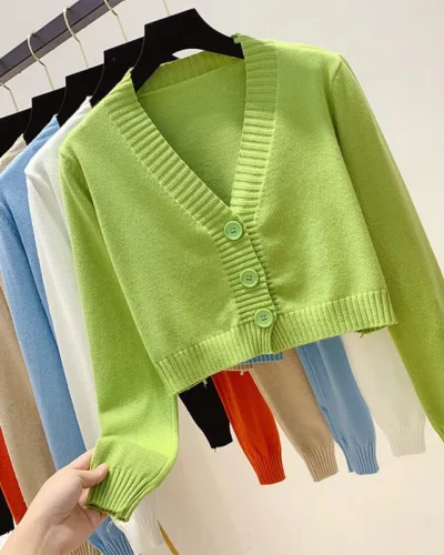Knitted Cropped Cardigan Women Korean Short Sweater Long sleeve Crop Top V neck Fashion Y2k Clothes Green Blue