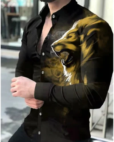 Men's Shirt Graphic Shirt Animal Lion Turndown 3D Print Long Sleeve Button-Down Clothing Apparel Fashion Designer Breathable