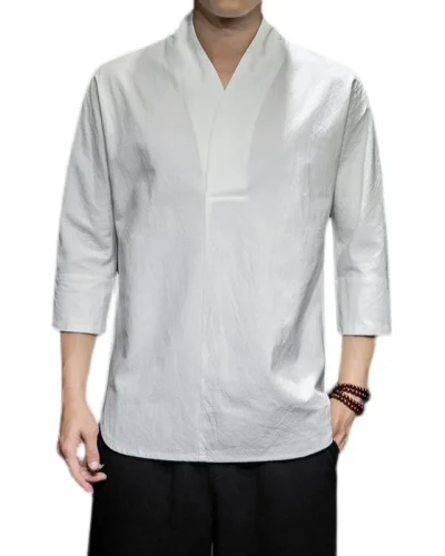 Shirts Men Solid Pullover V Neck Three Quarter Mens Kimono Shirts Traditional Streetwear Blouse Chinese Style Linen Shirts Man
