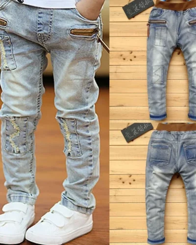 IENENS 4-11Y Boys Slim Straight Jeans Summer Classic Light Color Bottoms Children Denim Long Pants Kids Baby Boy Casual Trouser
