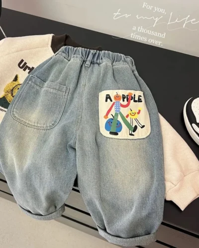 Kids Baby Boys Jeans Anime Pattern Pocket Toddler Boy Denim Pant Elastic Waist Trouser For Children Boys Casual 1-8T Boy Bottoms