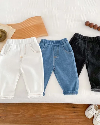 Spring Autumn Fashion Children Solid Jeans Girl Baby Retro Denim Casual Pants Boy Kid Pockets Cotton Trousers Toddler Dungarees