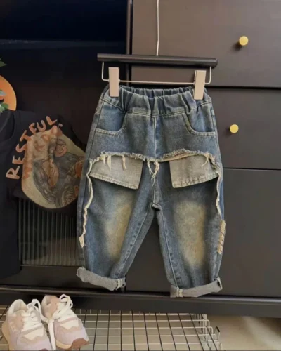 2024 new Kids jeans straight leg casual loose ripped wash boys jeans Girls' pants straight leg casual slacks 2 to 8 years old