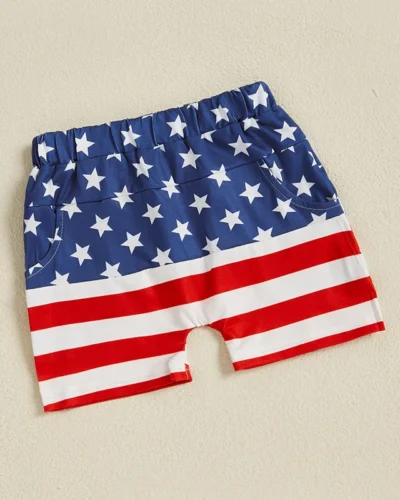 Baby Boy 4th of July Shorts American Flag Stars Striped Rocket Print Elastic Waist Toddler Boy Shorts Firework Pattern