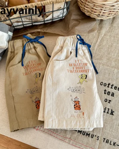 New Summer Children Half Pants Boys and Girls Beige Khaki Cartoon Letter Print Shorts Kids Unisex Casual Short Trousers A23275