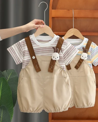 Boys' summer short sleeved set 2025 new casual baby overalls stylish children's summer thin two-piece set