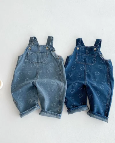2025 Spring New Children Loose Denim Overalls Cotton Baby Girls Cartoon Bear Print Casual Pants Boys Strap Trousers Kids Jeans