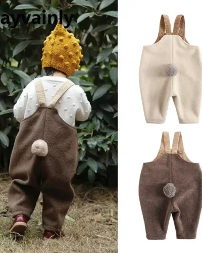 Spring Autumn Boys and Girls Overalls Solid Soft Woolen Cloth Rabbit Tail Straps Jumpsuit Children Casual Warm Pants E23430