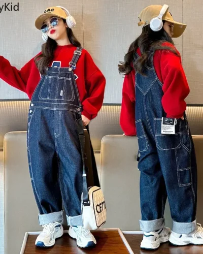 Hip Hop Girls Loose Denim Jumpsuits Label Overalls Dungaree BoysWide Leg Straight Trousers Child  Kid Fashion Casual Jeans Pants