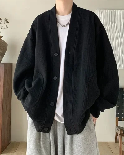 2024 New Korean Fashion Cardigan For Men Autumn Solid Color Y2K Streetwear Sweatshirts Man Casual Vintage Loose Jackets Sweaters