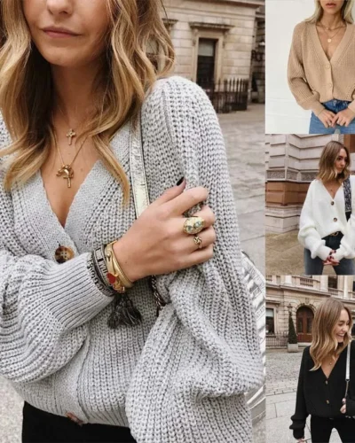 NEW Fashion Women Knitted Cardigans Sweater Fashion Autumn Long Sleeve Loose Coat Casual Button Thick V Neck Solid Female Tops