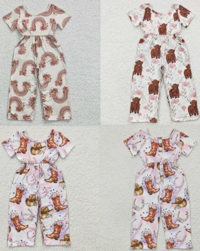Wholesale Baby Girl Jumpsuit Toddler Children Western Short Sleeves One-piece Kid Bell Pants Western Cow Print Floral New Romper