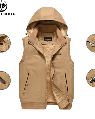 Men Winter Sleeveless Outdoors Fleece Warm Hooded Vest Men Windproof High-Quality Design Zipper Leisure Fashion Vest Male Coat