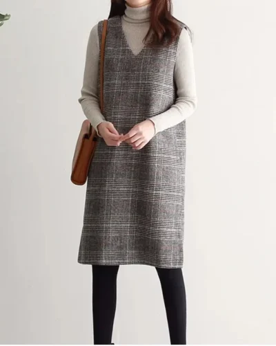 Korean Spring New Print Thousand Bird Plaid Woolen Vest Dress Women V-neck Patchwork Pocket Mid Length Vest Sleeveless Dresses