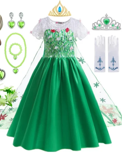 Elsa Green Dress for Kids Girl Princess  Costume Dresses  Children Long Cloak Floral Lace Ball Gown Summer