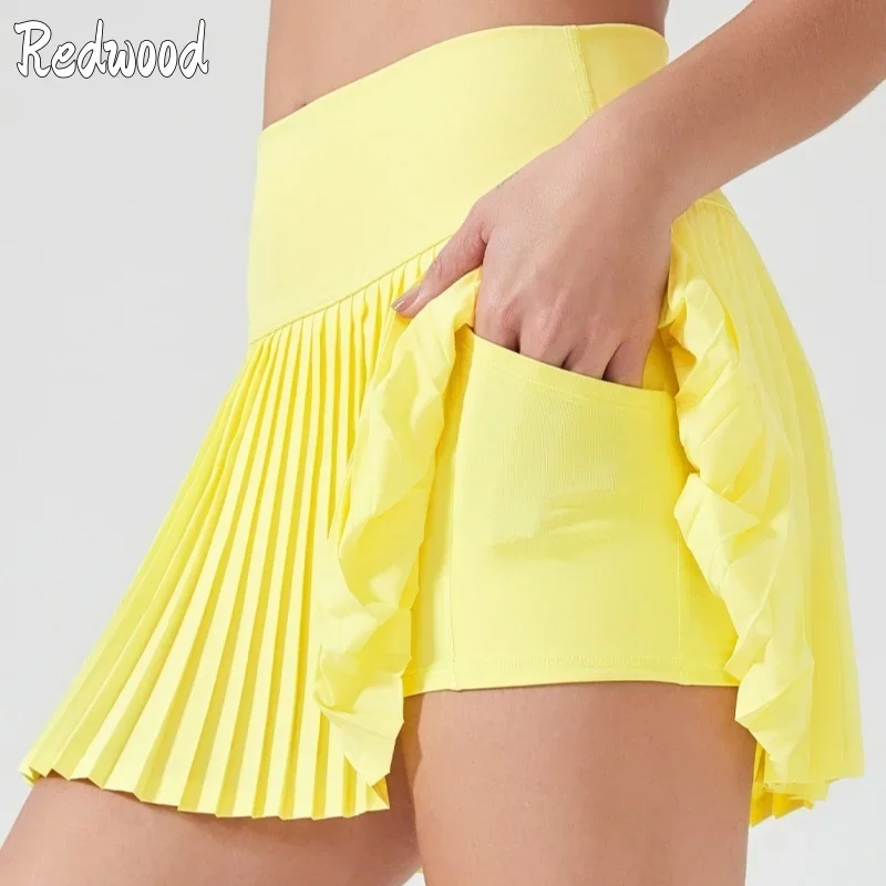 Pleated Tennis Skirt Sports High Waisted Women Fitness Golf Slimming Side Pocket Short Skirts Girl Comfort Safety Stretch Shorts
