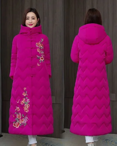 Winter Down Cotton Padded Women Chinese National Style Embroidered Long Outwear Thickened Warm Hooded Parka Coat Female