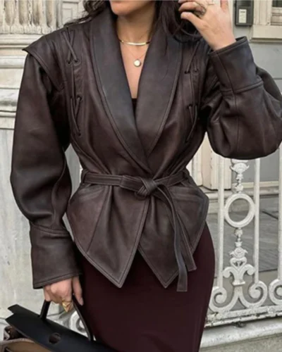 Suninheart Autumn and Winter Faux Leather Jackets for Women 2024 Chic Dropped Shoulder PU Jacket Coat Casual Office Lady Blouse