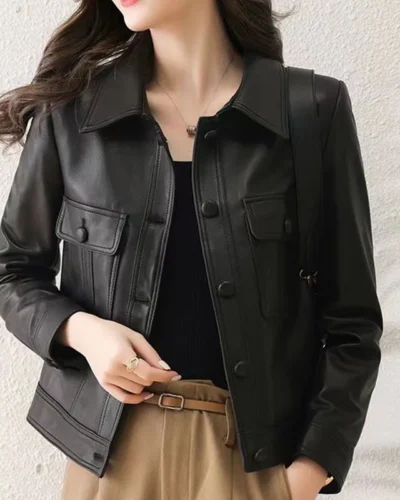 Lapel PU Leather Jacket Women 2024Spring Autumn New Coat Fashion Locomotive Goddess Overcoat High Quality Short Outerwear Female