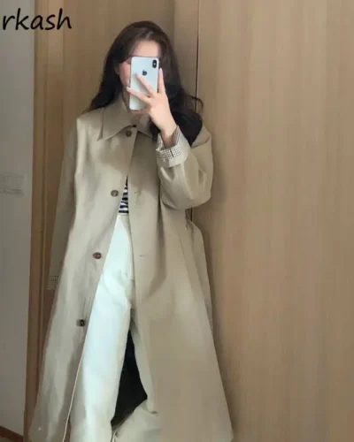 Turn-down Collar Trench Women New Korean Style Autumn Students Coats All-match Long Single Breasted Comfortable Chic Fashion