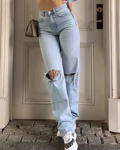 2024 women's new knee-piercing jeans women's loose comfortable casual all-match straight micro-elastic jeans