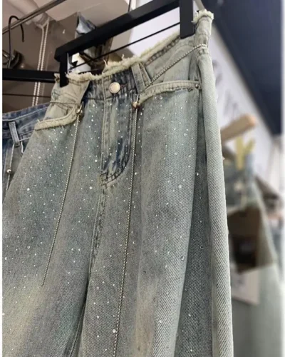 Heavy Embroidery Hot Drilling Starry Raw Hem High Waist Jeans Women's Summer Thin Loose Fashion Mop Wide Leg Pants