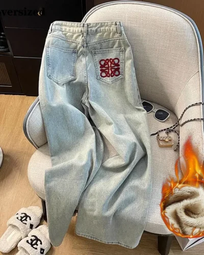 Embroidery Velvet Lined Wide Leg Jeans Winter Design Casual High Waist Baggy Straight Vaqueros Korea New Warm Woman Denim Pants