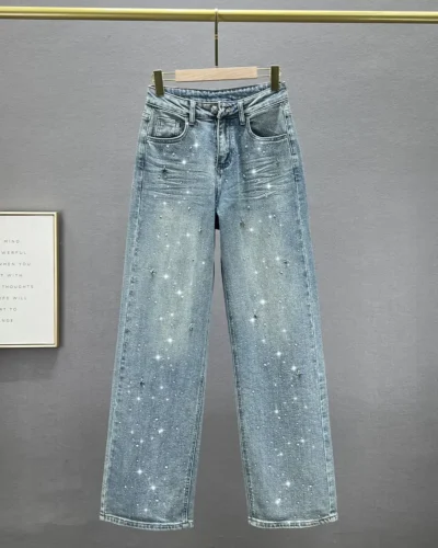 Rhinestone XINGX Pendant Design High Waist Wash Jeans Women's Summer Loose Slimming and All-Matching Straight-Leg Pants