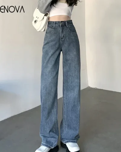ZOENOVA High Waisted Jeans Y2K Fashion Women Clothing Blue Black Straight Leg Denim Pants Trousers Mom Jean Baggy Trousers Tall