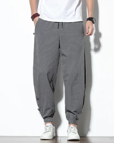 Four Seasons Men Disc Buckle Striped Harem Pants Breathable Cotton Linen Pencil Pants Buckle Casual Bloomers Fashion Trousers