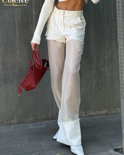 Clacive Fashion Loose White Cotton Women's Pants 2025 Elegant High Waist Wide Trousers Vintage Classic Patchwork Pants Female