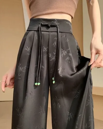 Summer Chinese National Style Jacquard Wide-Leg Pants Women's High Waist Casual Pants Black Spring Autumn Fashion Trousers