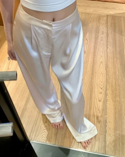 MEXZT Elegant Satin Wide Leg Pants Women 3Xl Fashion High Waist Black White Pants Summer Ladies Korean Baggy Straight Trousers