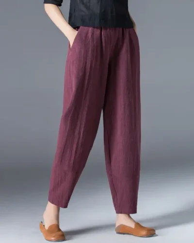 Cotton Wide Leg Pants Female Loose Oversized Solid Color Harem Summer Casual Elastic Waist Ankle-length Pants Women Clothing