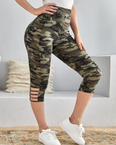 Plus Size Women's Camo Capri Leggings with Side Stripe Cutouts Stylish High Elasticity Knit Sporty Fashionable Casual Pants